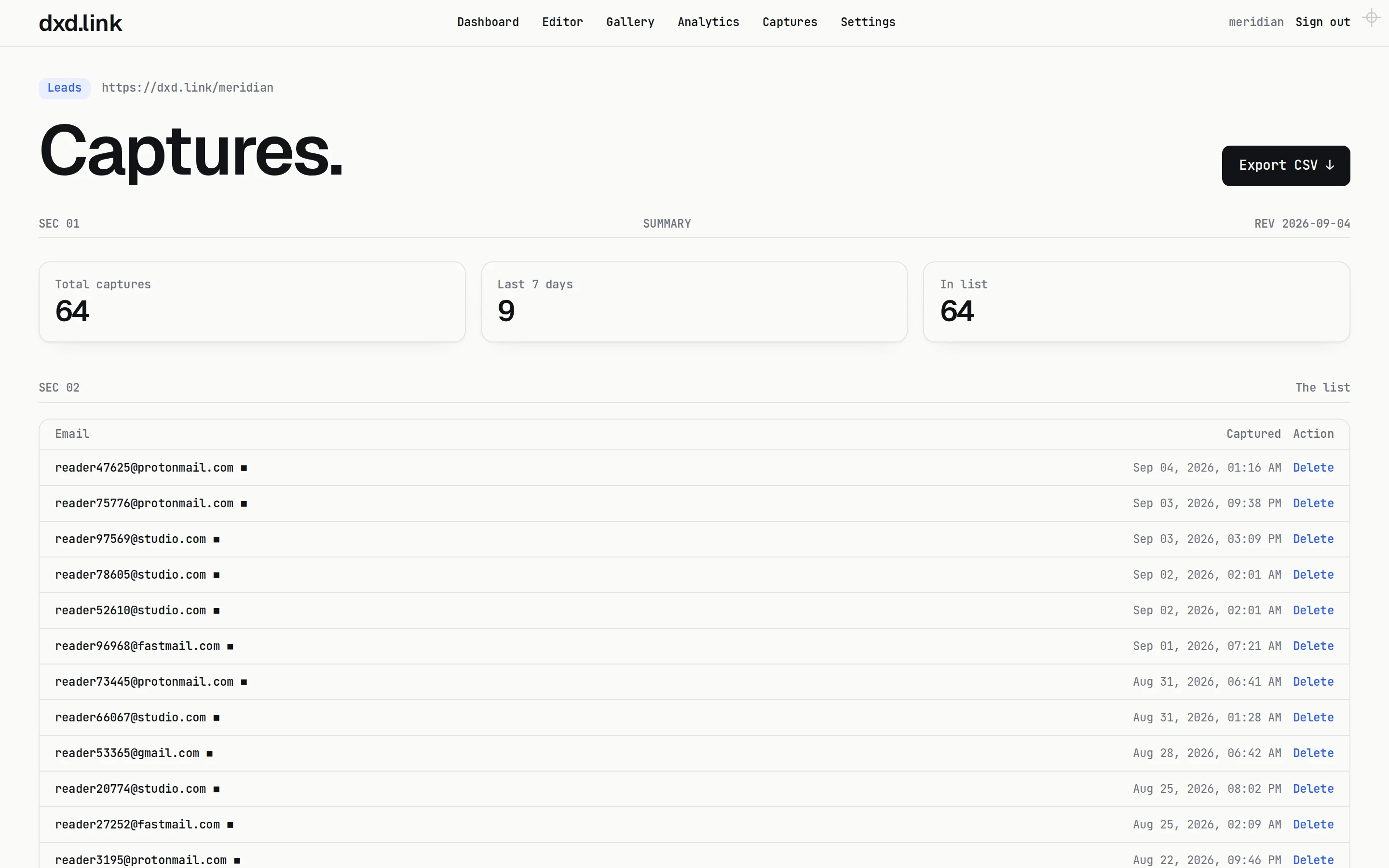 The Captures dashboard with total captures, signups in the last seven days, a list of email addresses with timestamps, and an Export CSV button