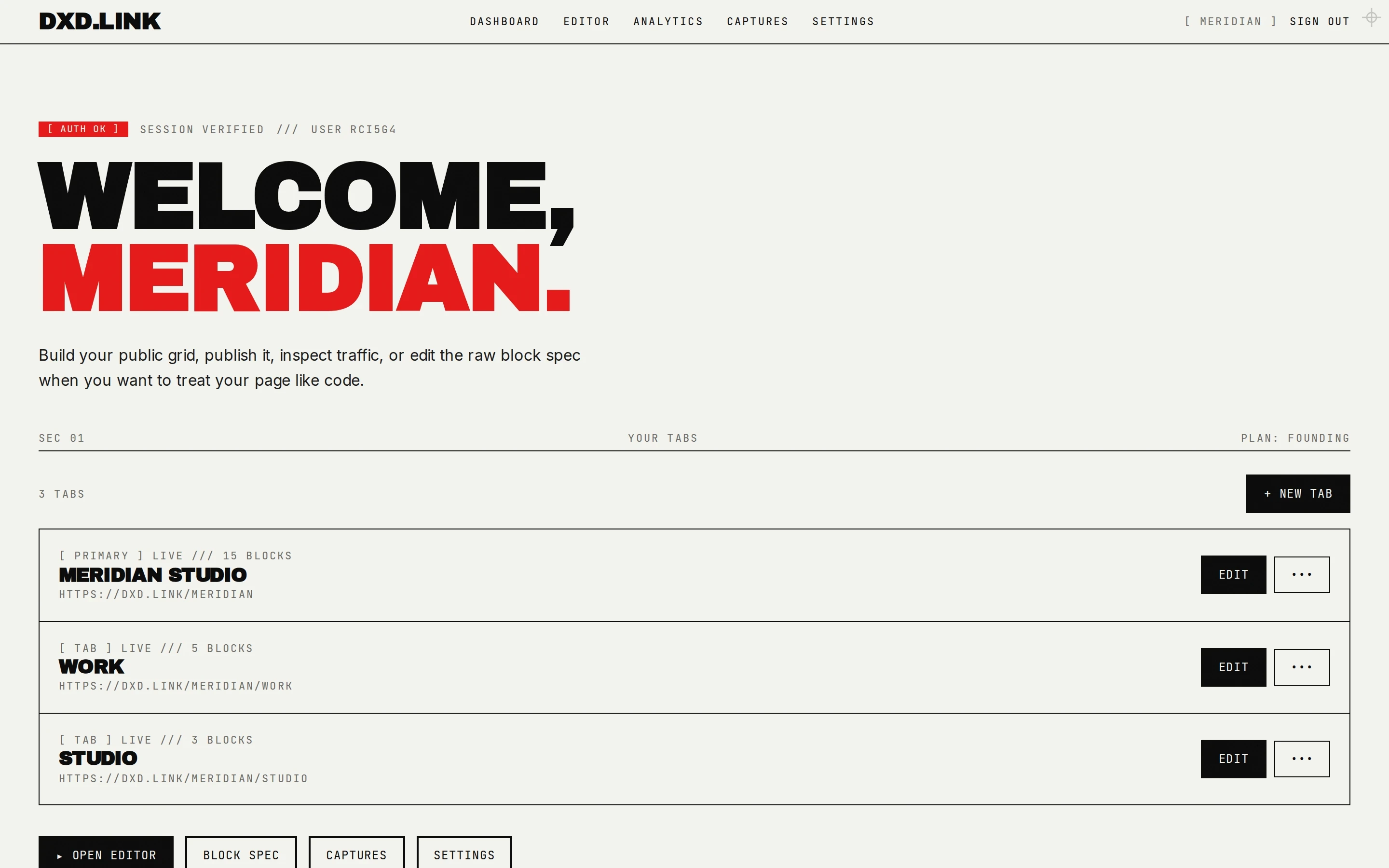 The pages dashboard listing every tab under a handle with draft and live status and public URLs