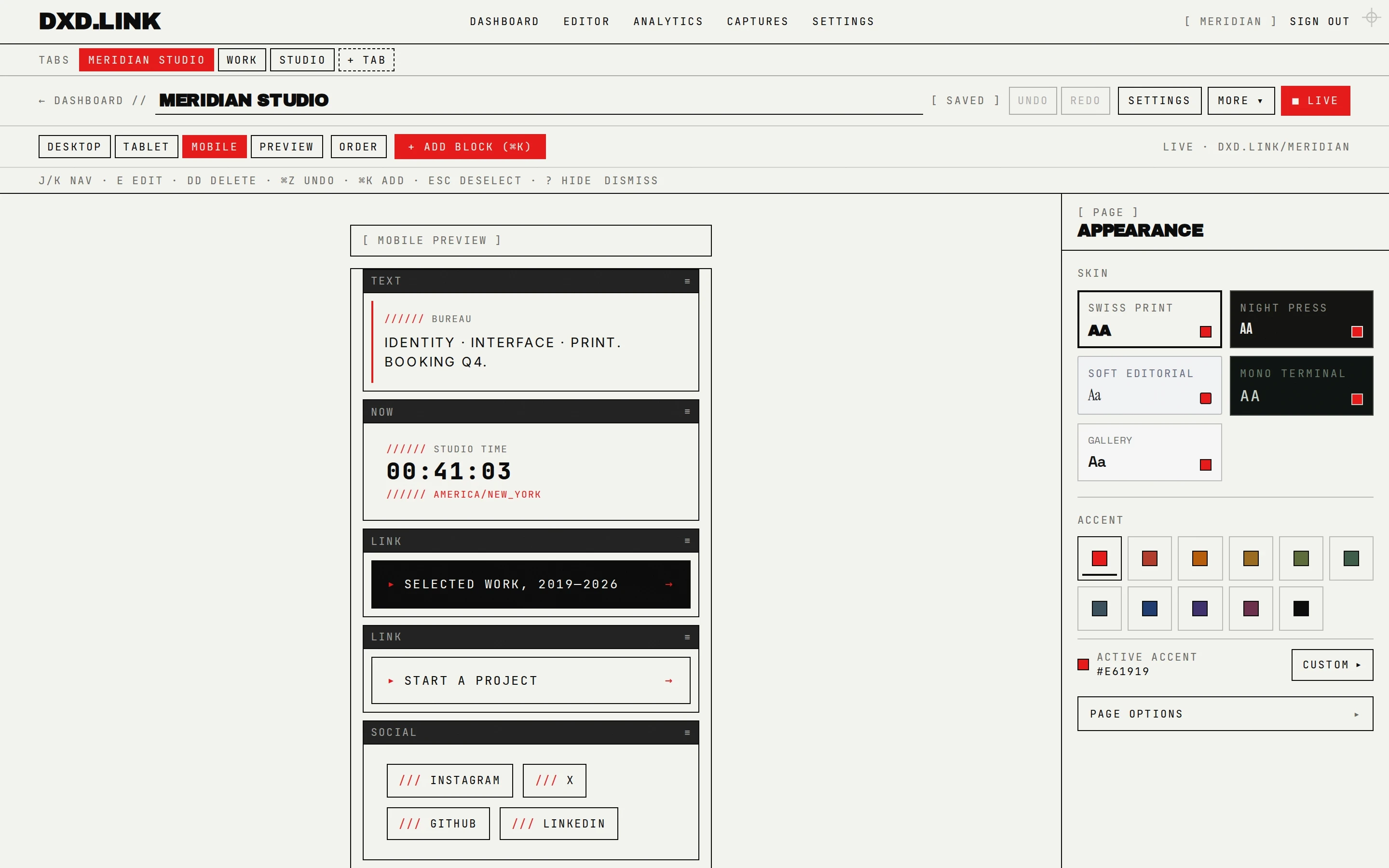The editor editing the mobile breakpoint, with blocks reordered for a phone-width canvas