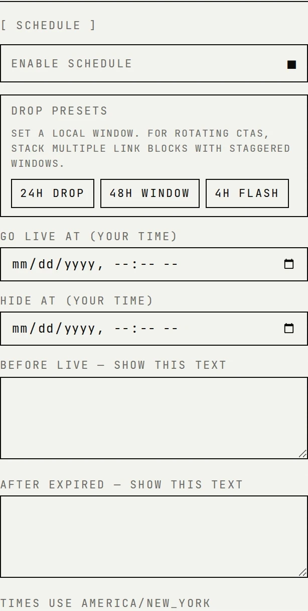 The editor block inspector with scheduling enabled, showing 24H drop, 48H window, and 4H flash presets above go-live and hide-at fields