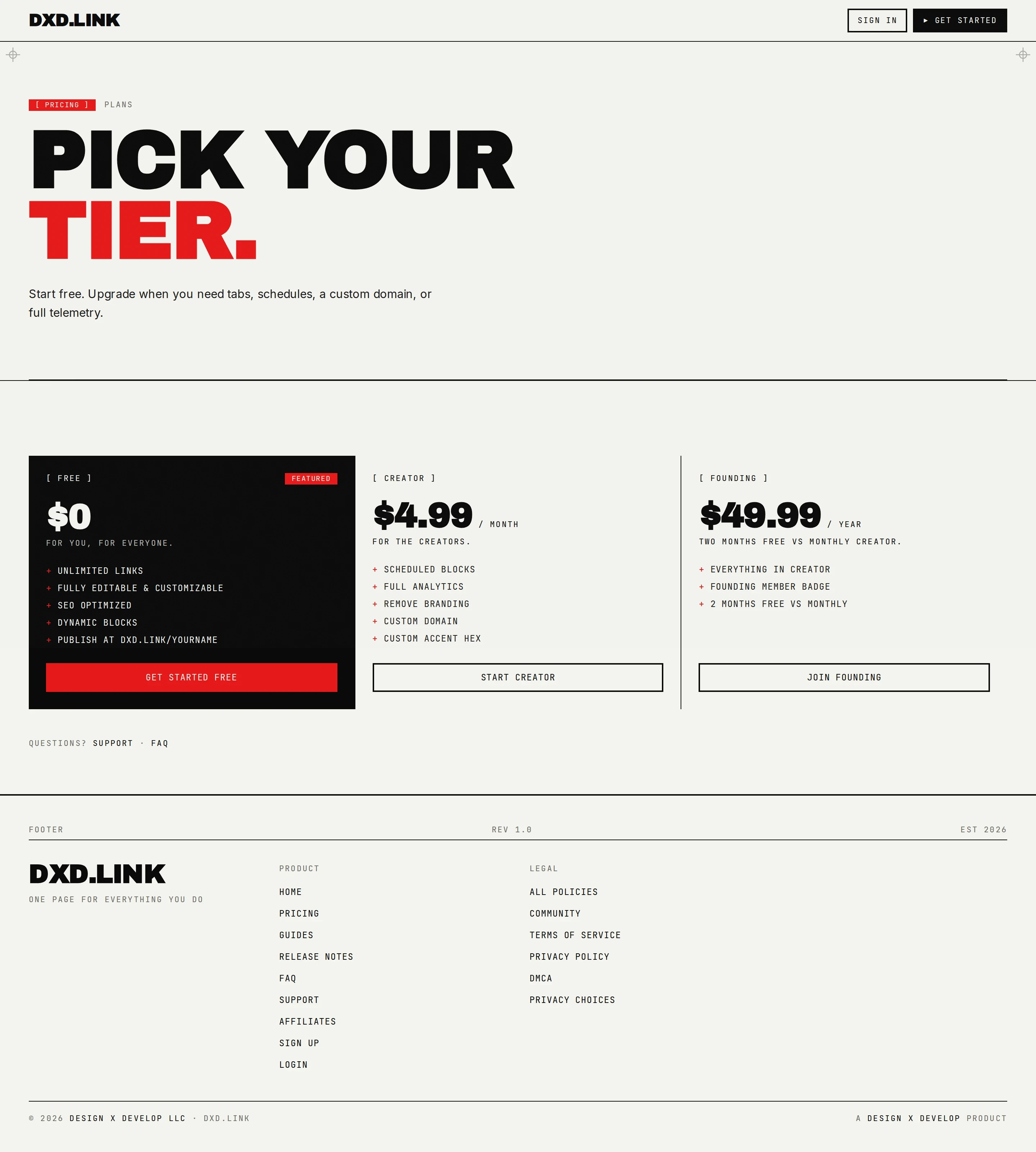 The dxd.link pricing page comparing Free, Creator, and Founding plans