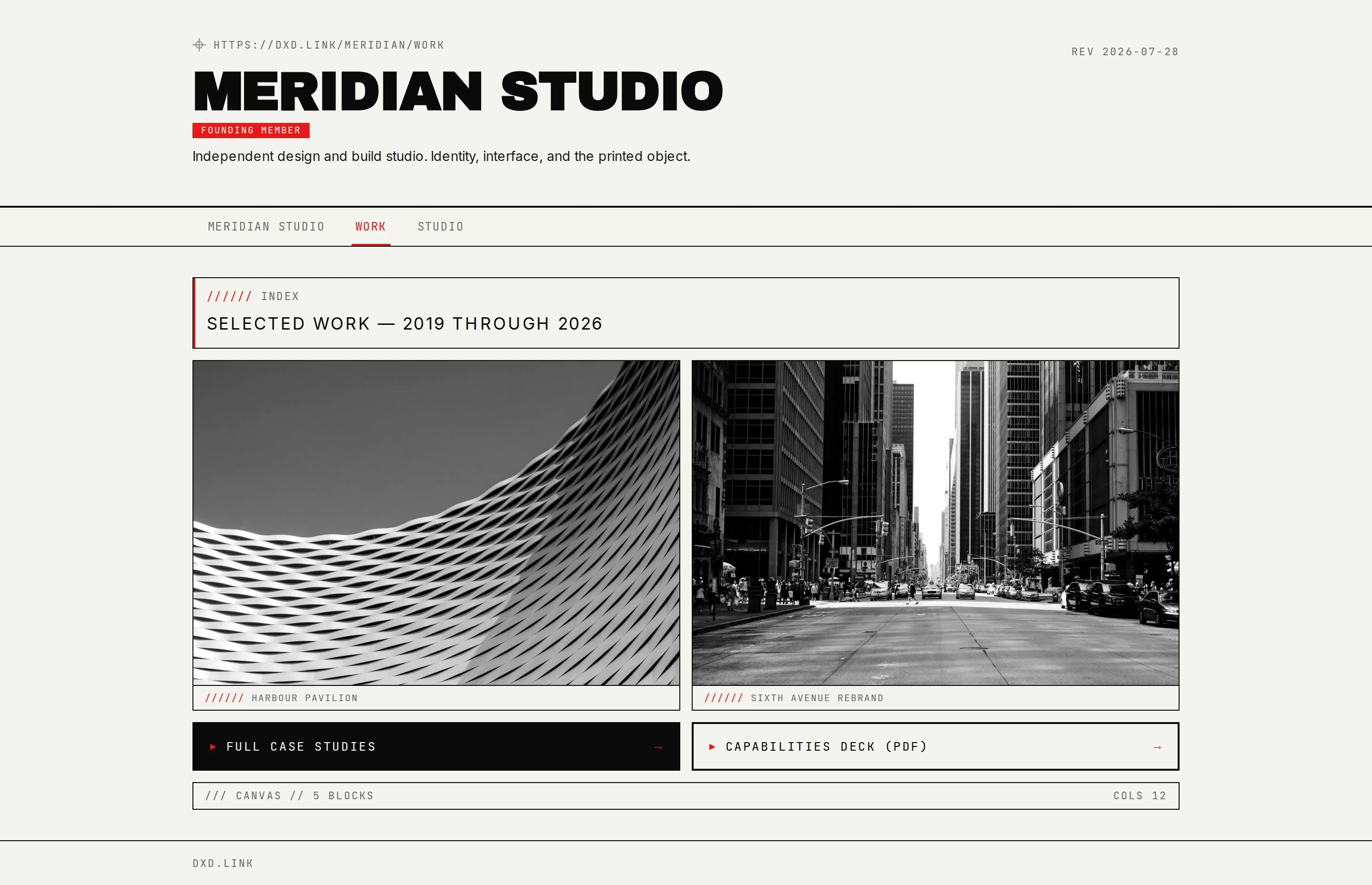 A published Work tab with its own layout and a tab strip linking back to the main page