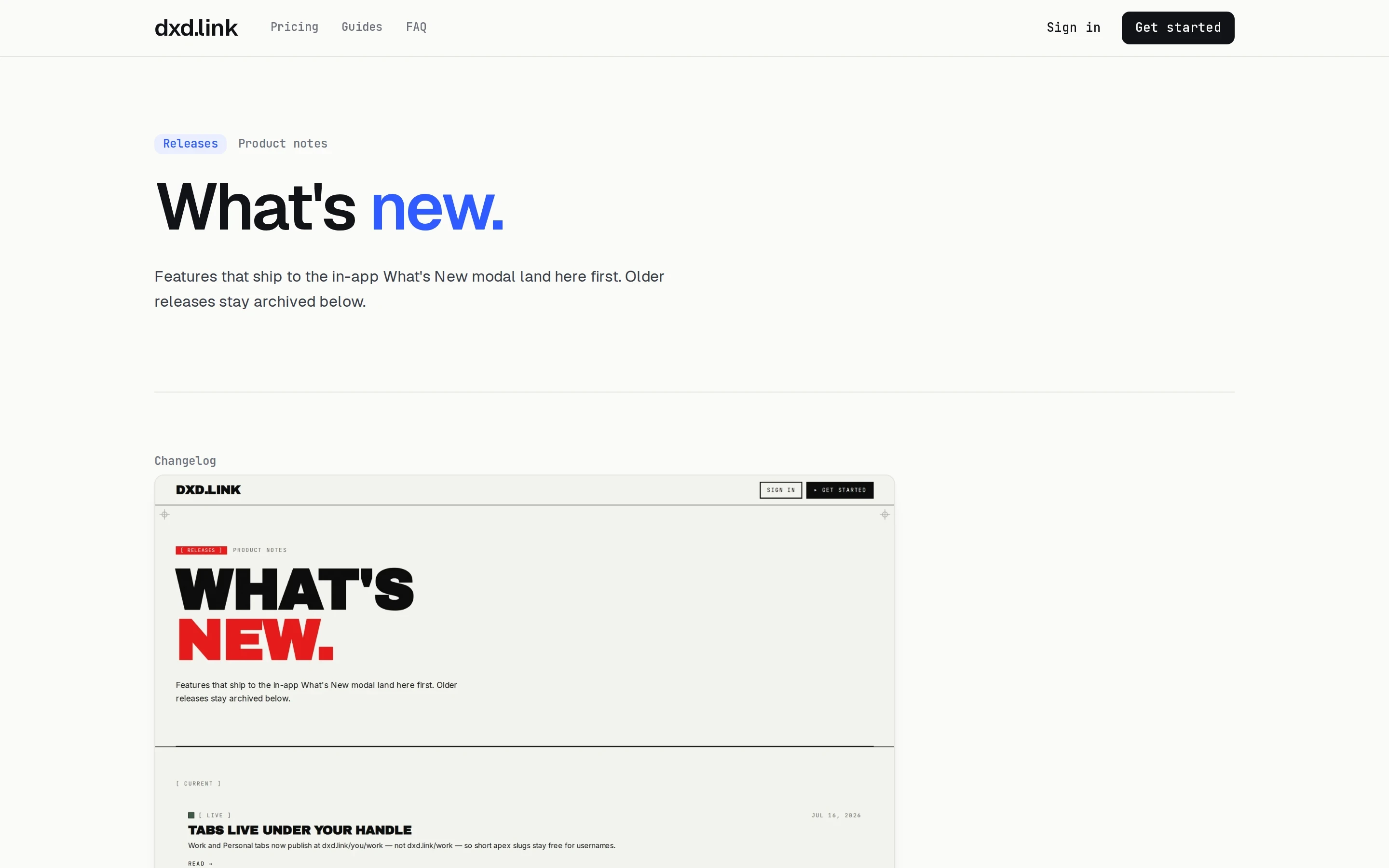 The public dxd.link releases index listing current and archived product notes