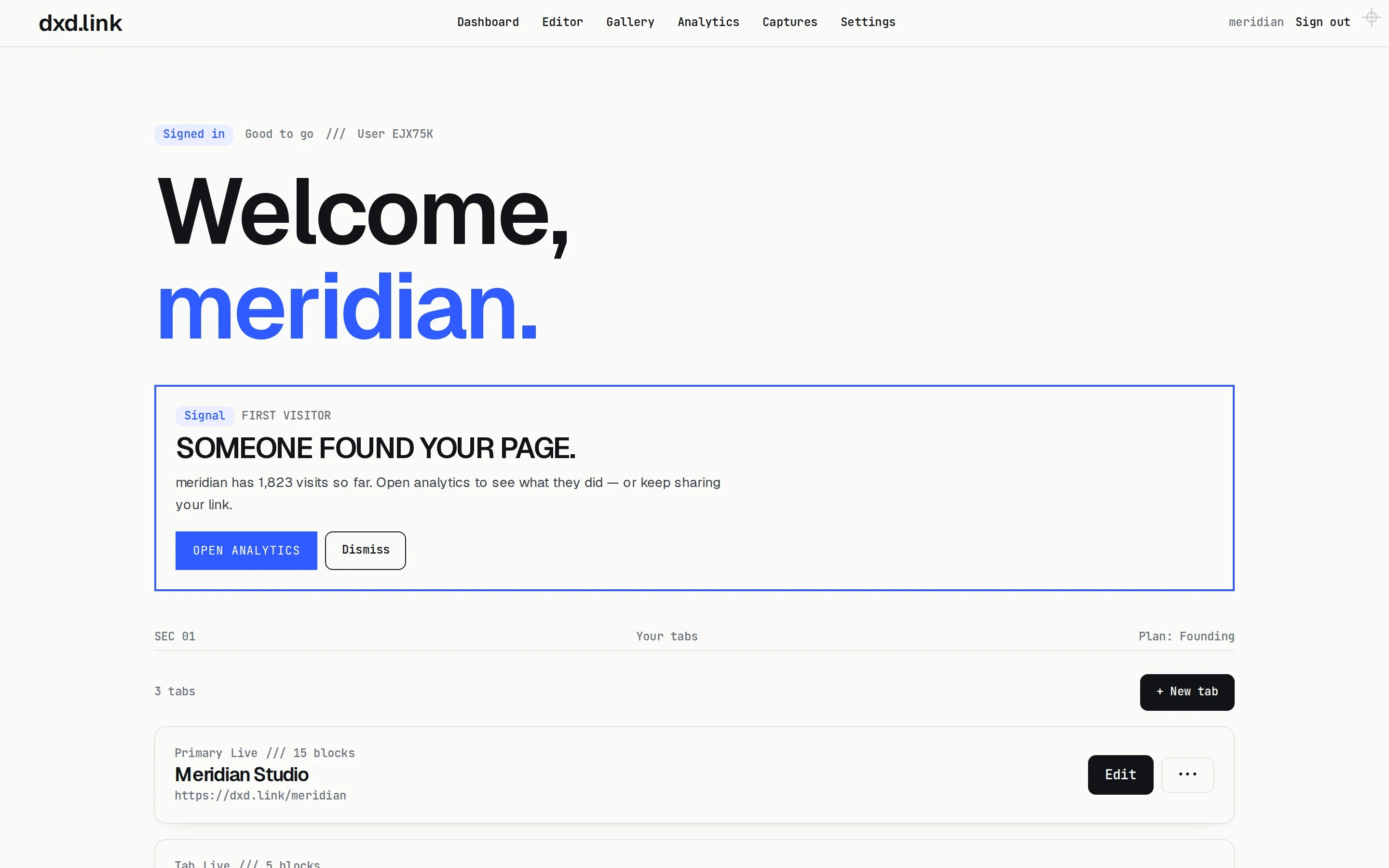The pages dashboard listing every tab under a handle with draft and live status and public URLs