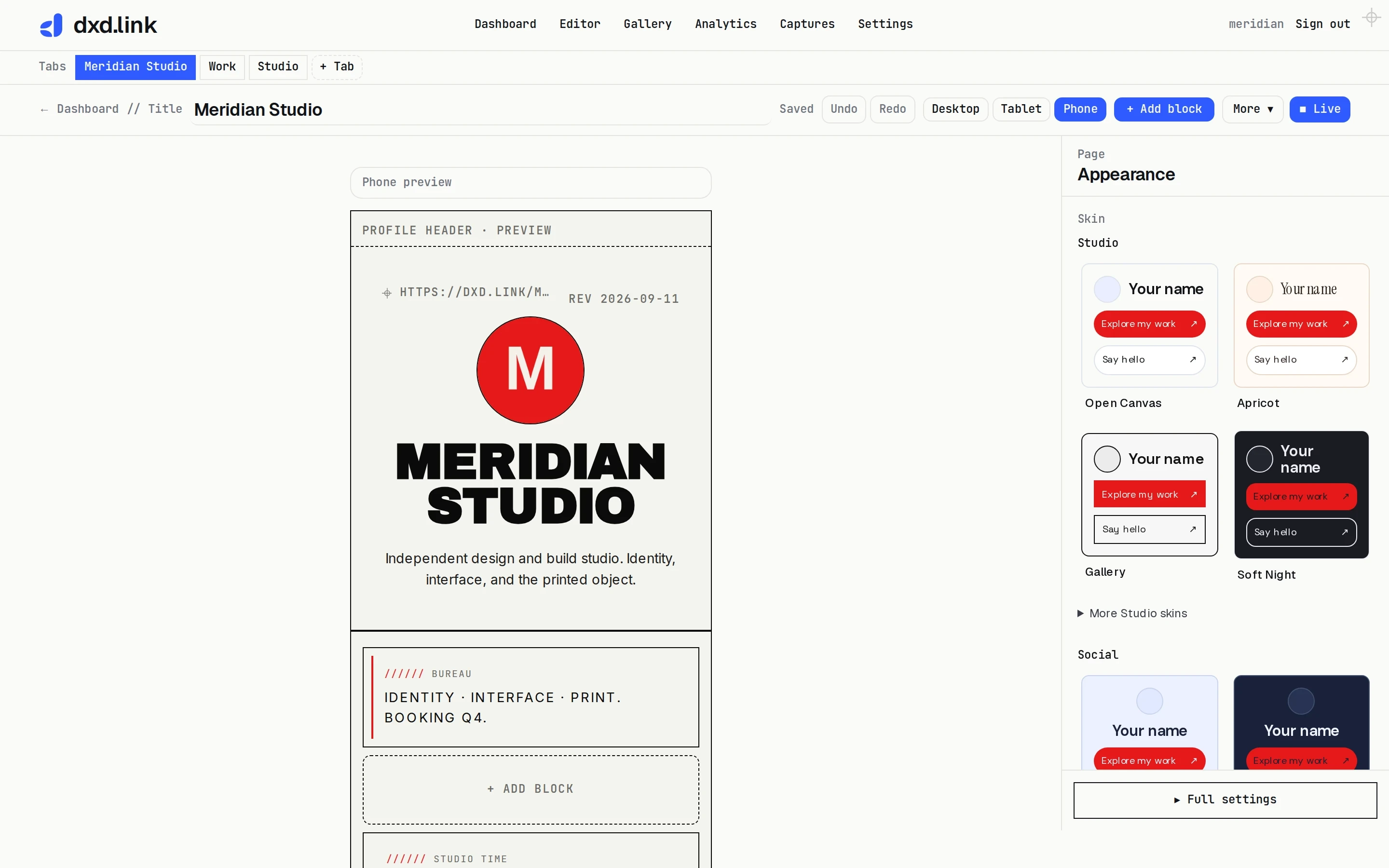 The editor editing the mobile breakpoint, with blocks reordered for a phone-width canvas