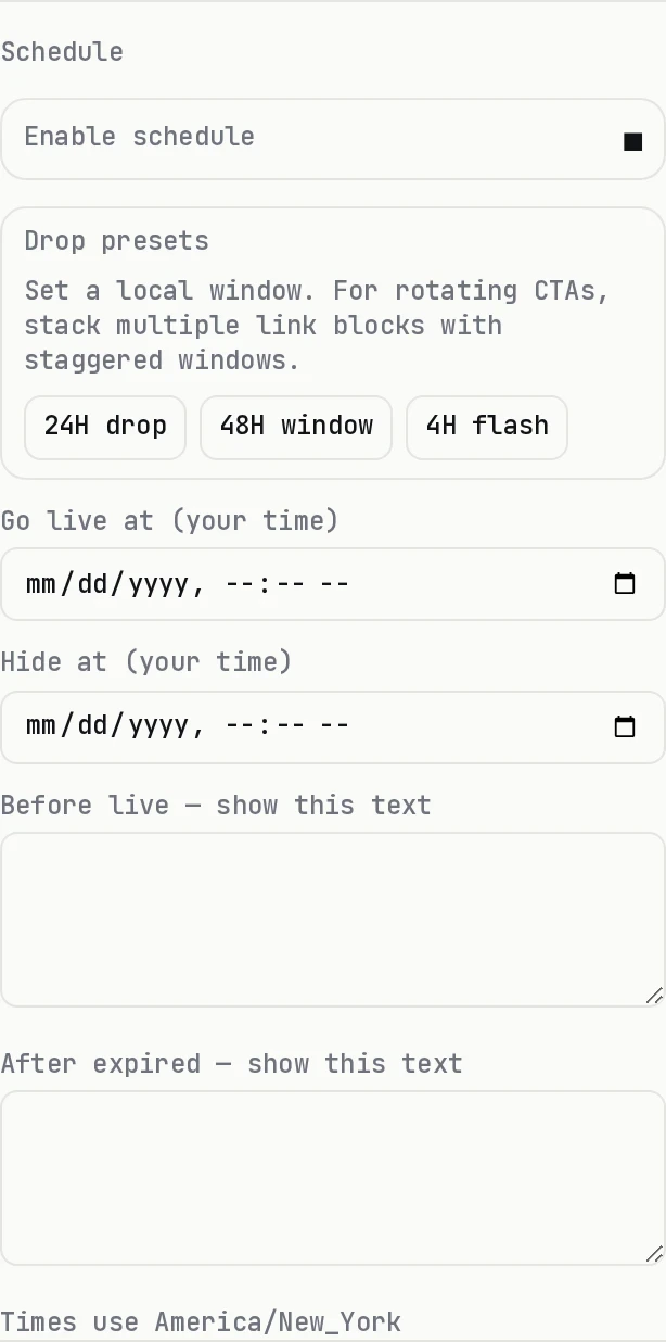 The block inspector with scheduling enabled, showing 24H, 48H, and 4H presets plus go-live and hide-at fields