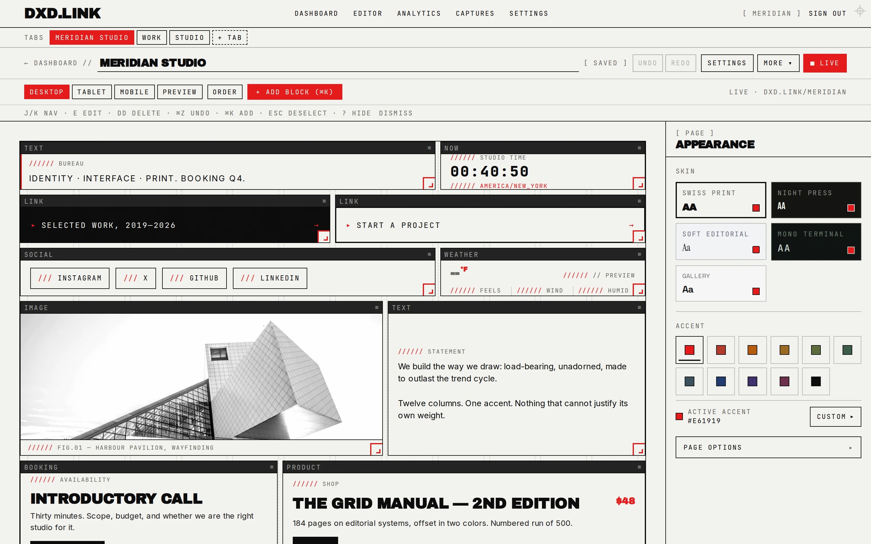 The dxd.link editor with a full-width link stack and appearance panel