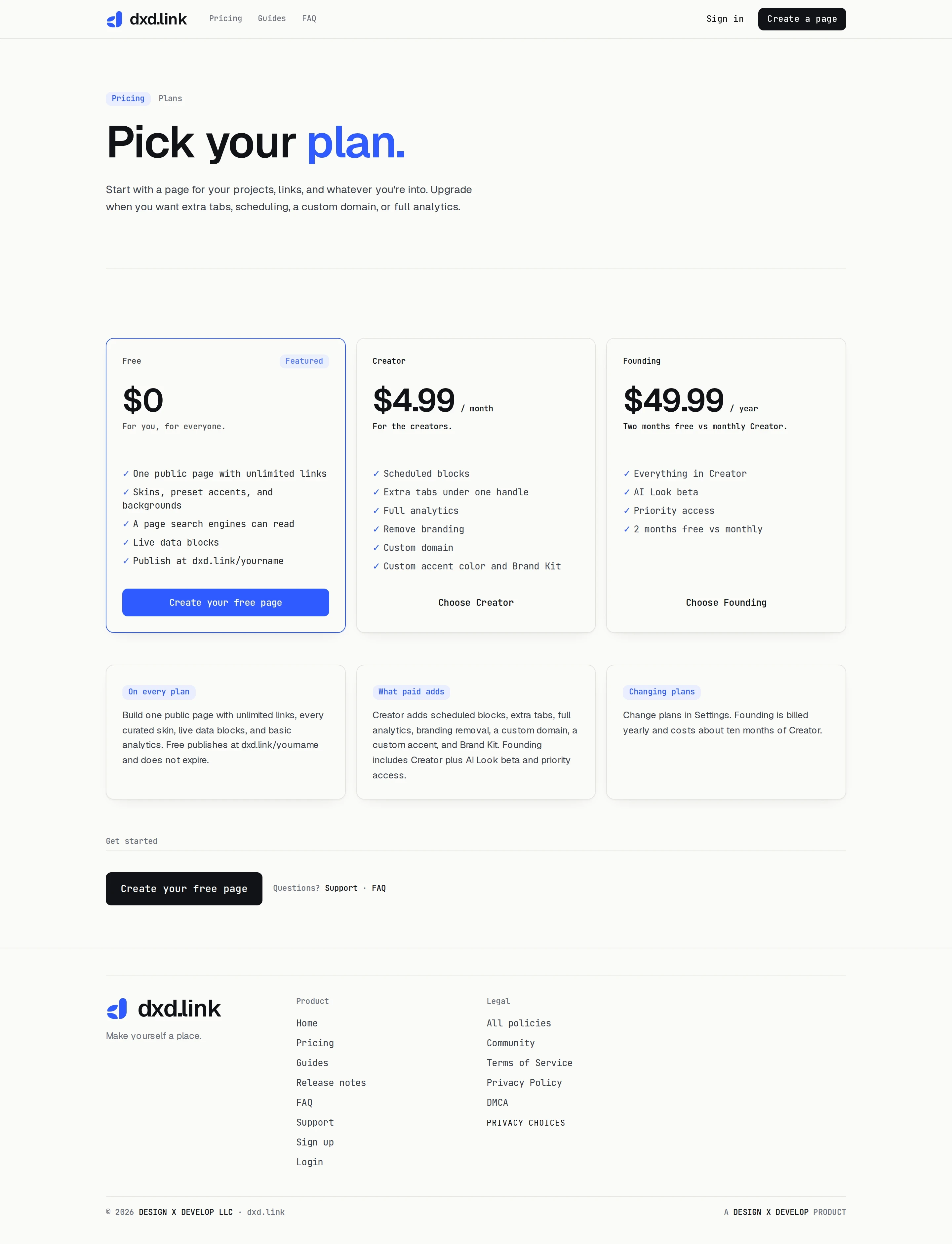 The dxd.link pricing page comparing Free, Creator, and Founding plans