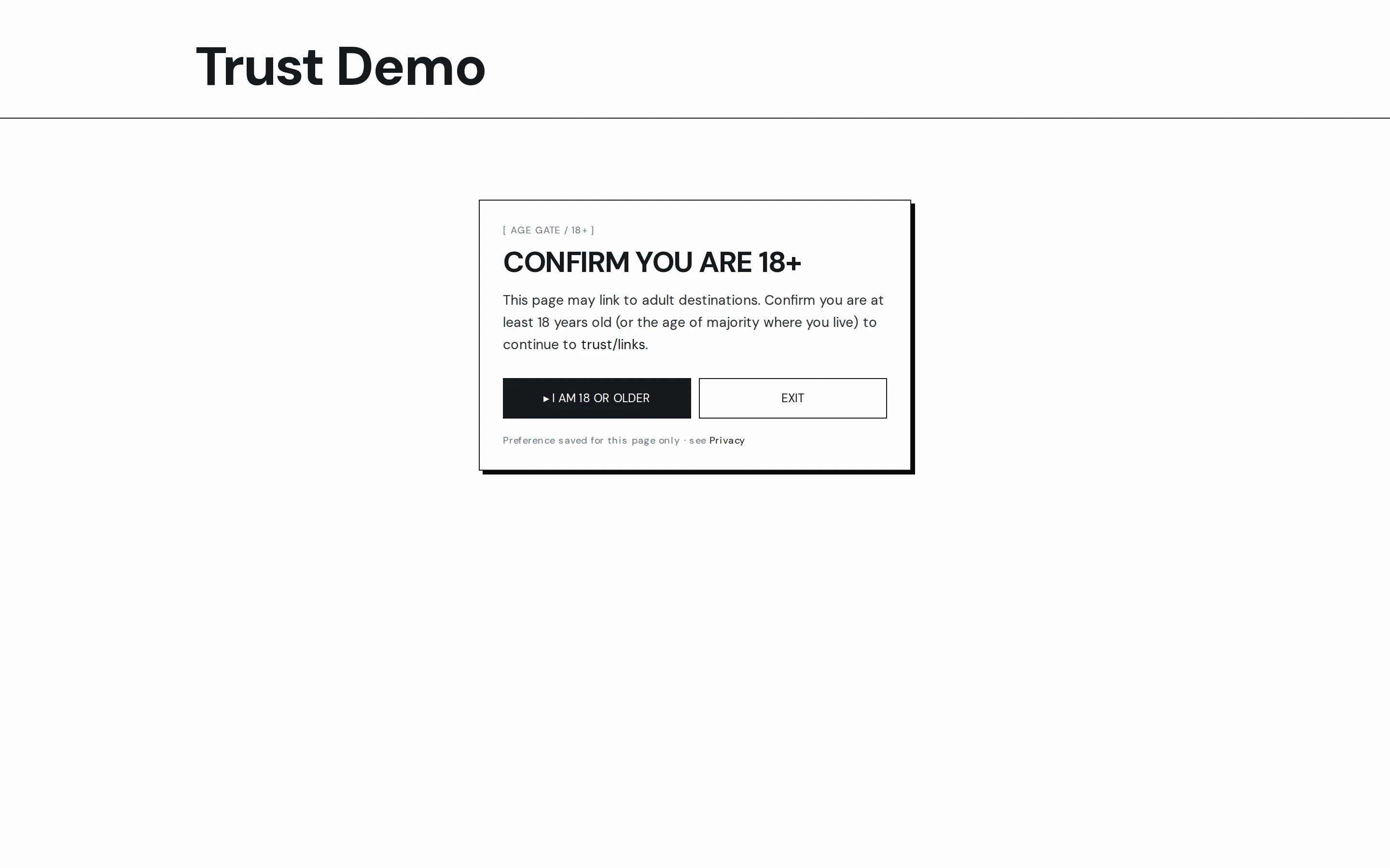 The built-in 18+ age gate shown before a gated tab renders its live blocks
