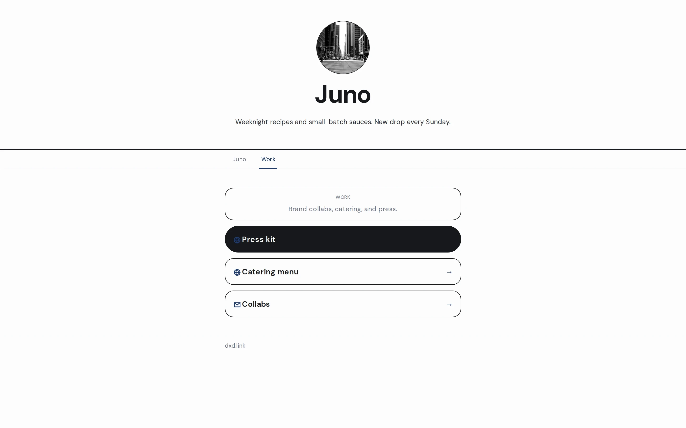 A published Work tab in Social Light at dxd.link/juno/work, with a tab strip linking back to the main page