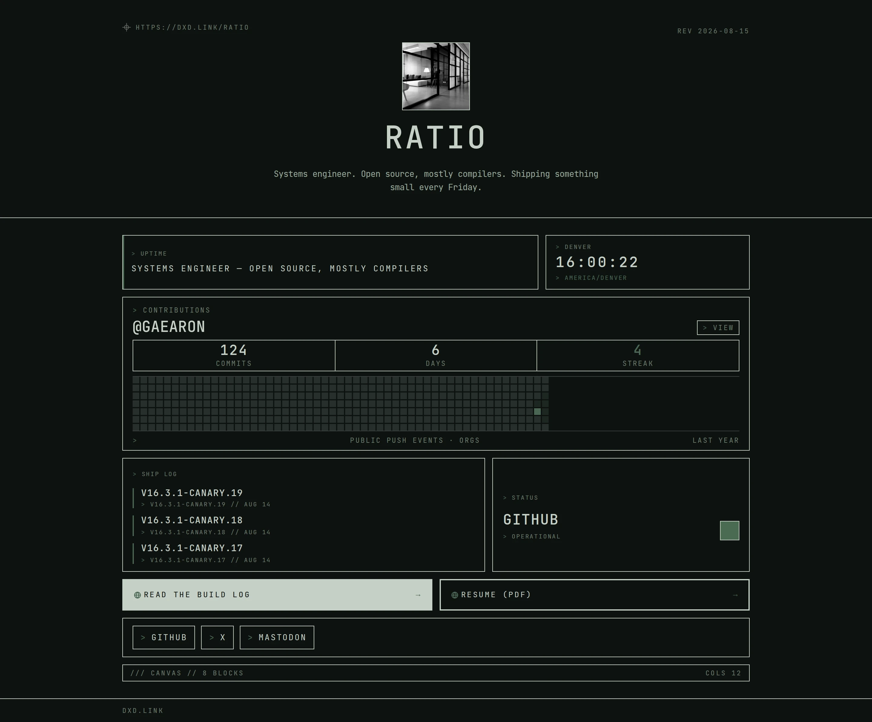 A published Mono Terminal page with a contribution graph, release log, and status check