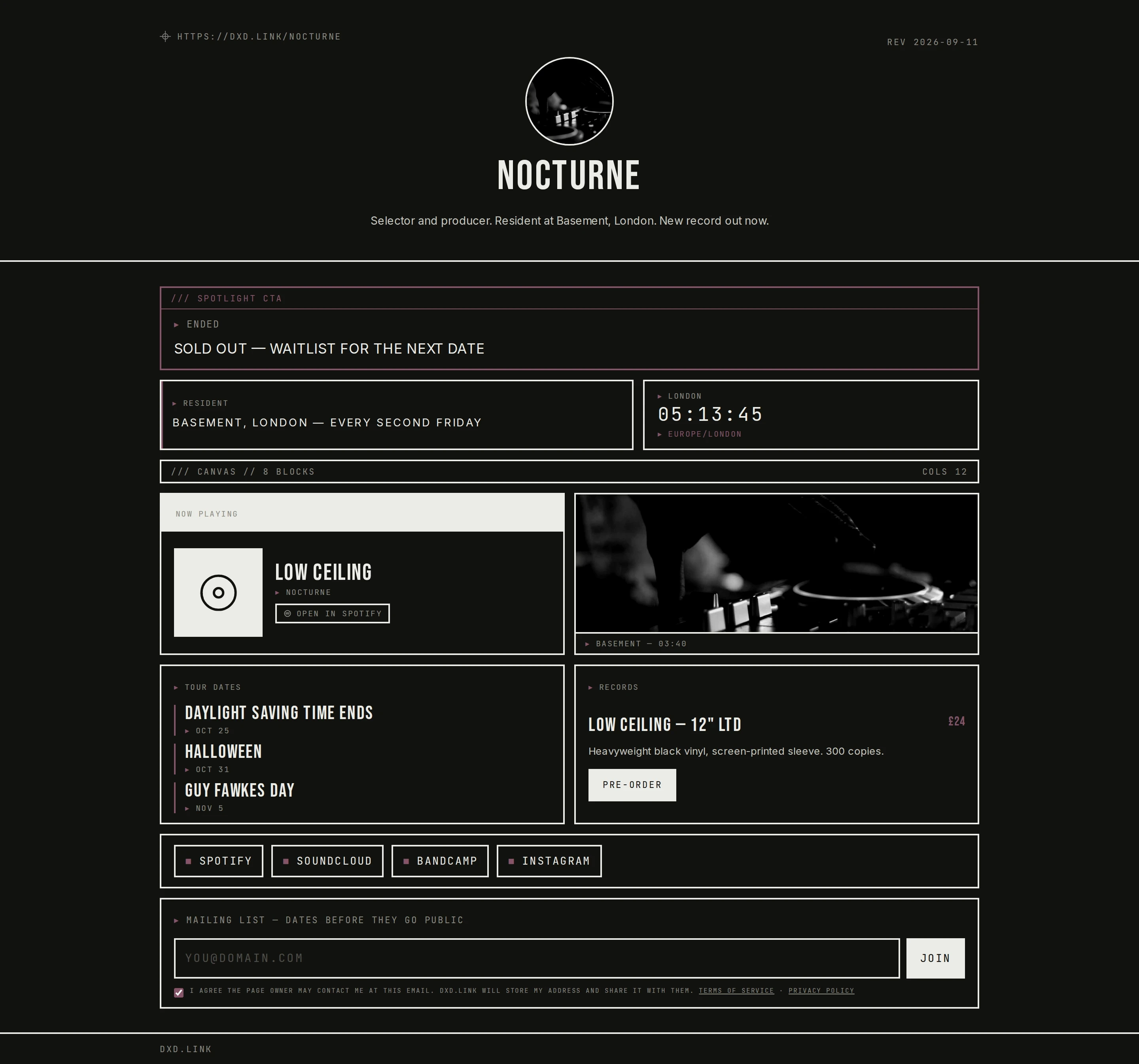Night Press profile spotlight showing ENDED and sold-out waitlist copy after the schedule window expires