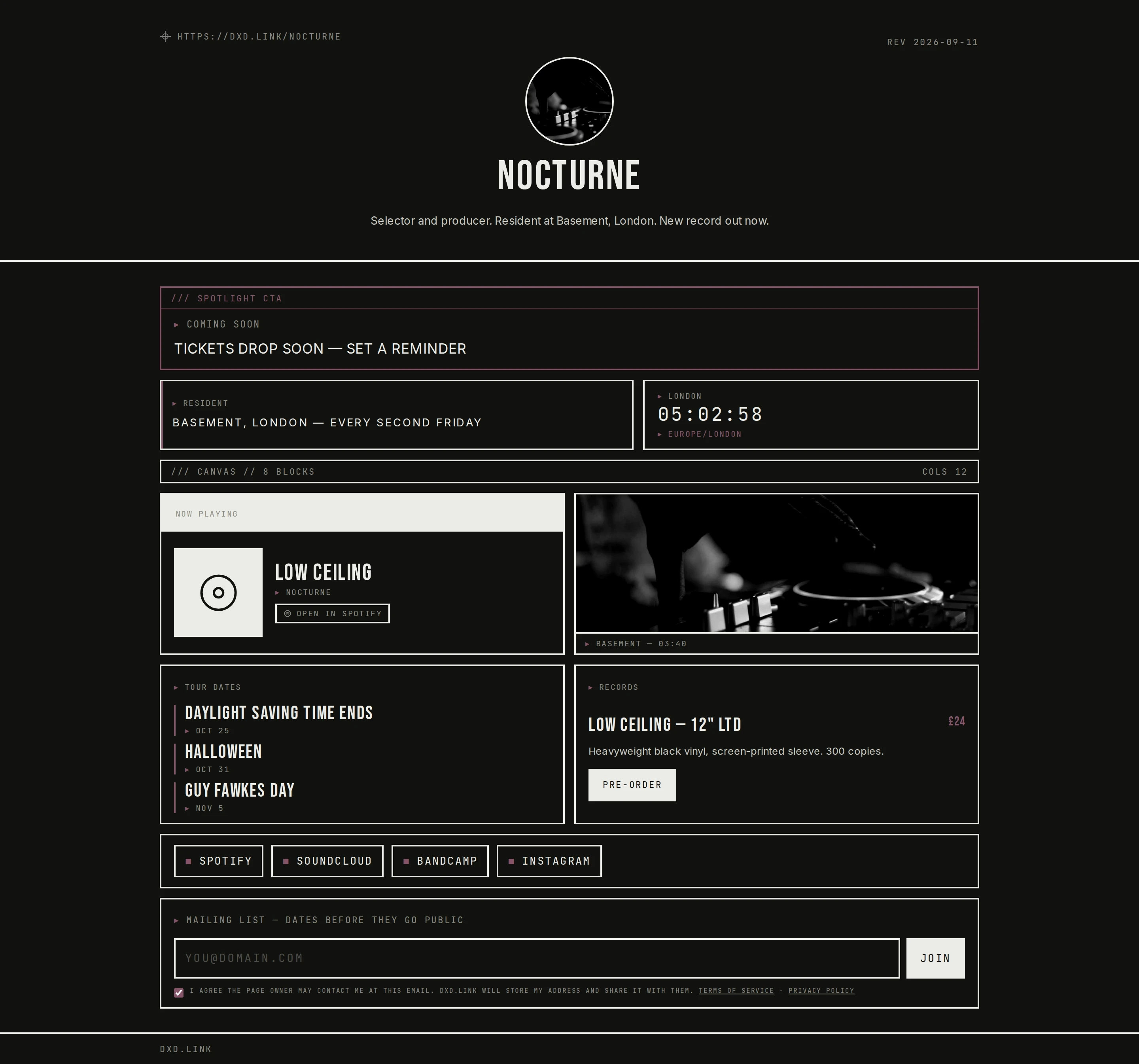 Night Press profile spotlight showing COMING SOON and tickets-drop-soon reminder copy before the schedule window opens
