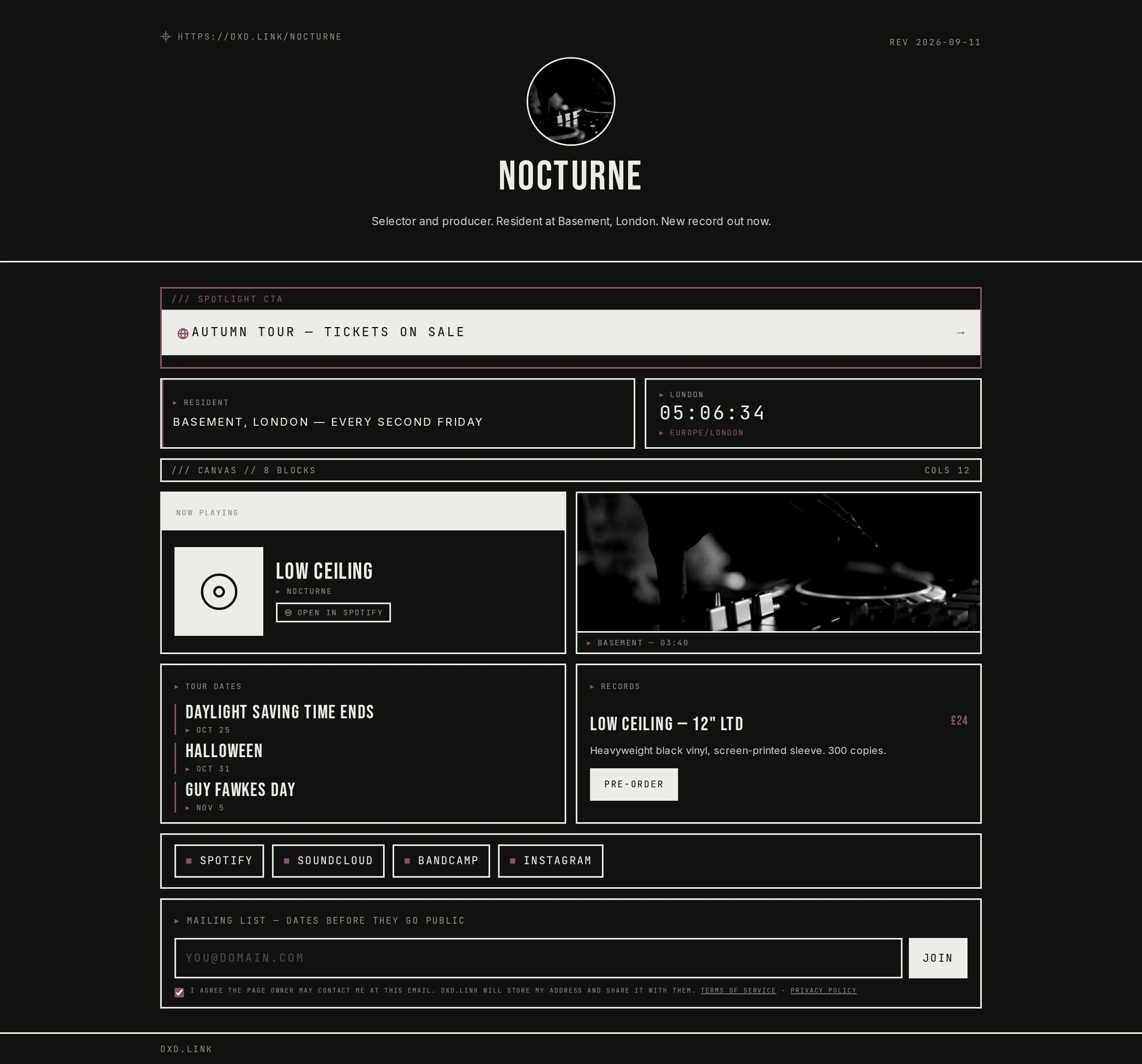 Night Press profile spotlight showing the live Autumn Tour tickets CTA while the schedule window is active