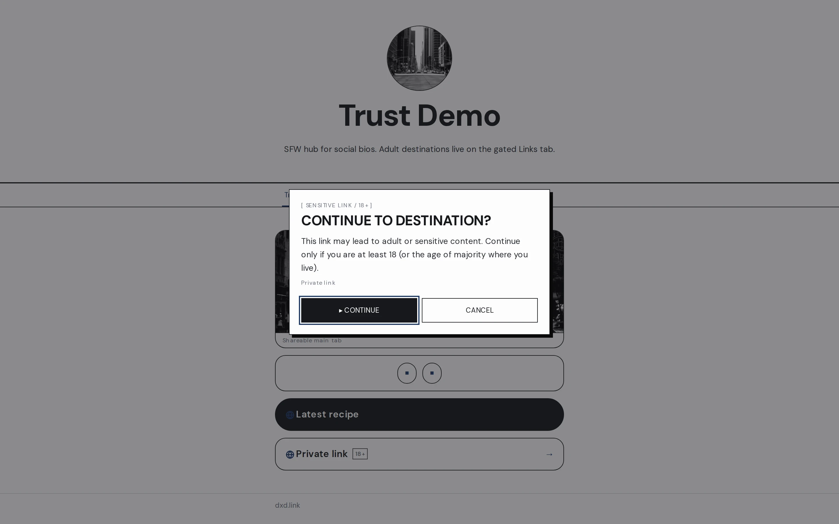 The Sensitive / 18+ interstitial shown after tapping a marked outbound link