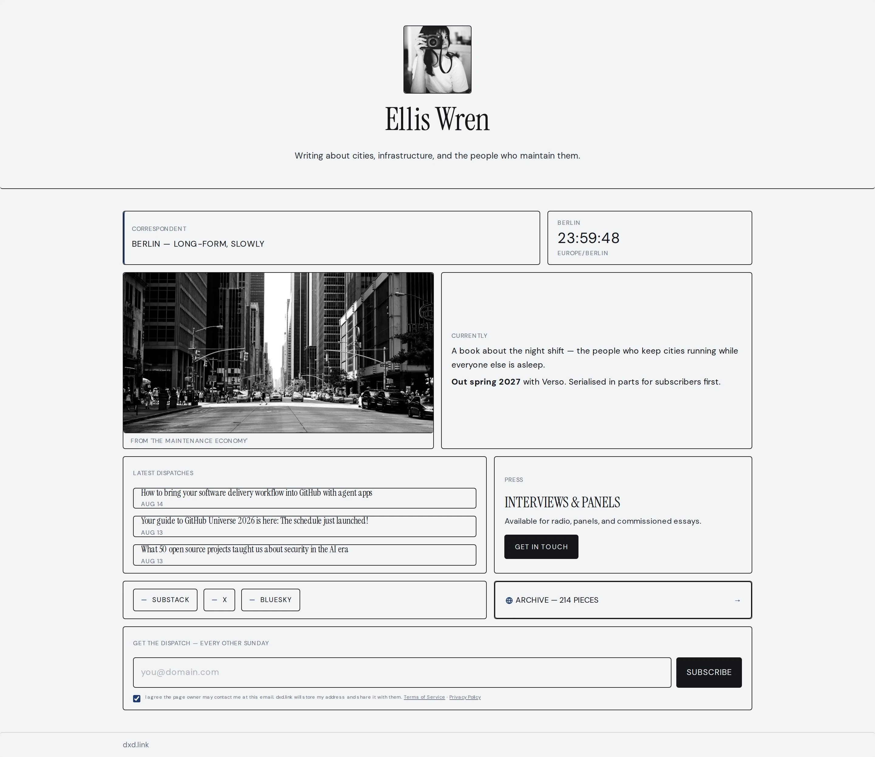 A published Soft Editorial writer page with a live feed and email capture