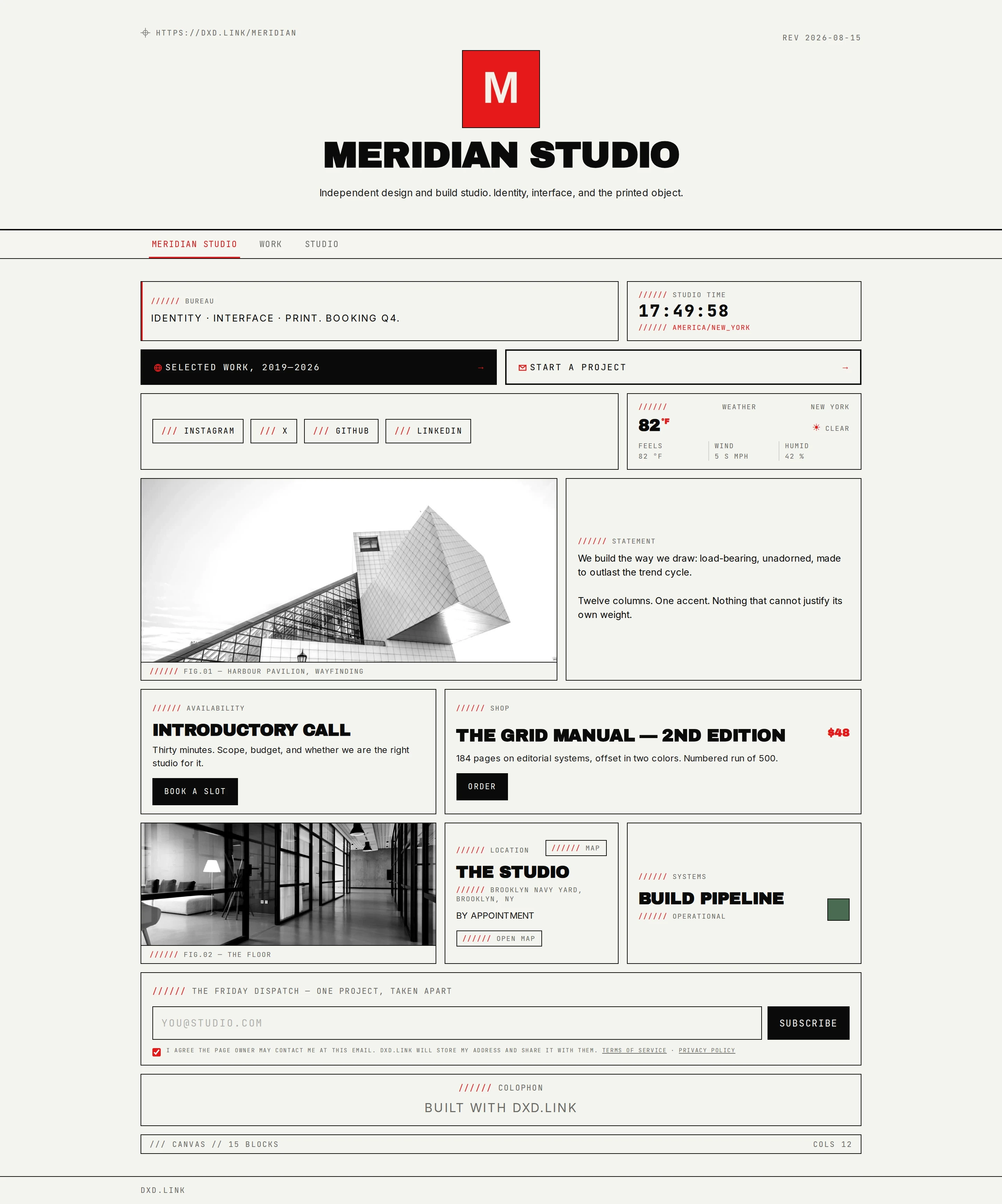 A published Swiss Print studio page with links, weather, booking, and product cards
