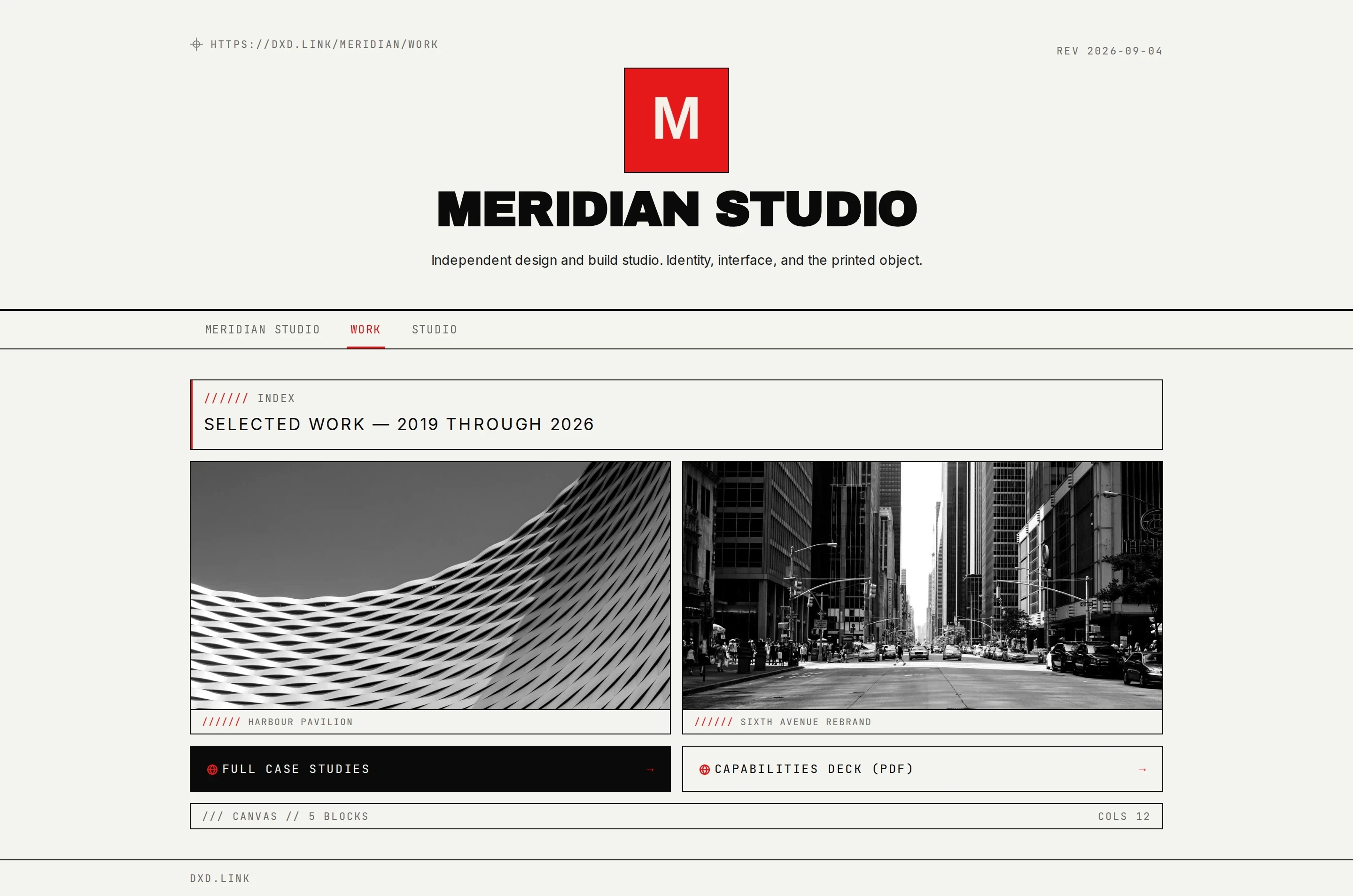 A published Work tab showing a project index, two images, and two links, with the tab strip above it