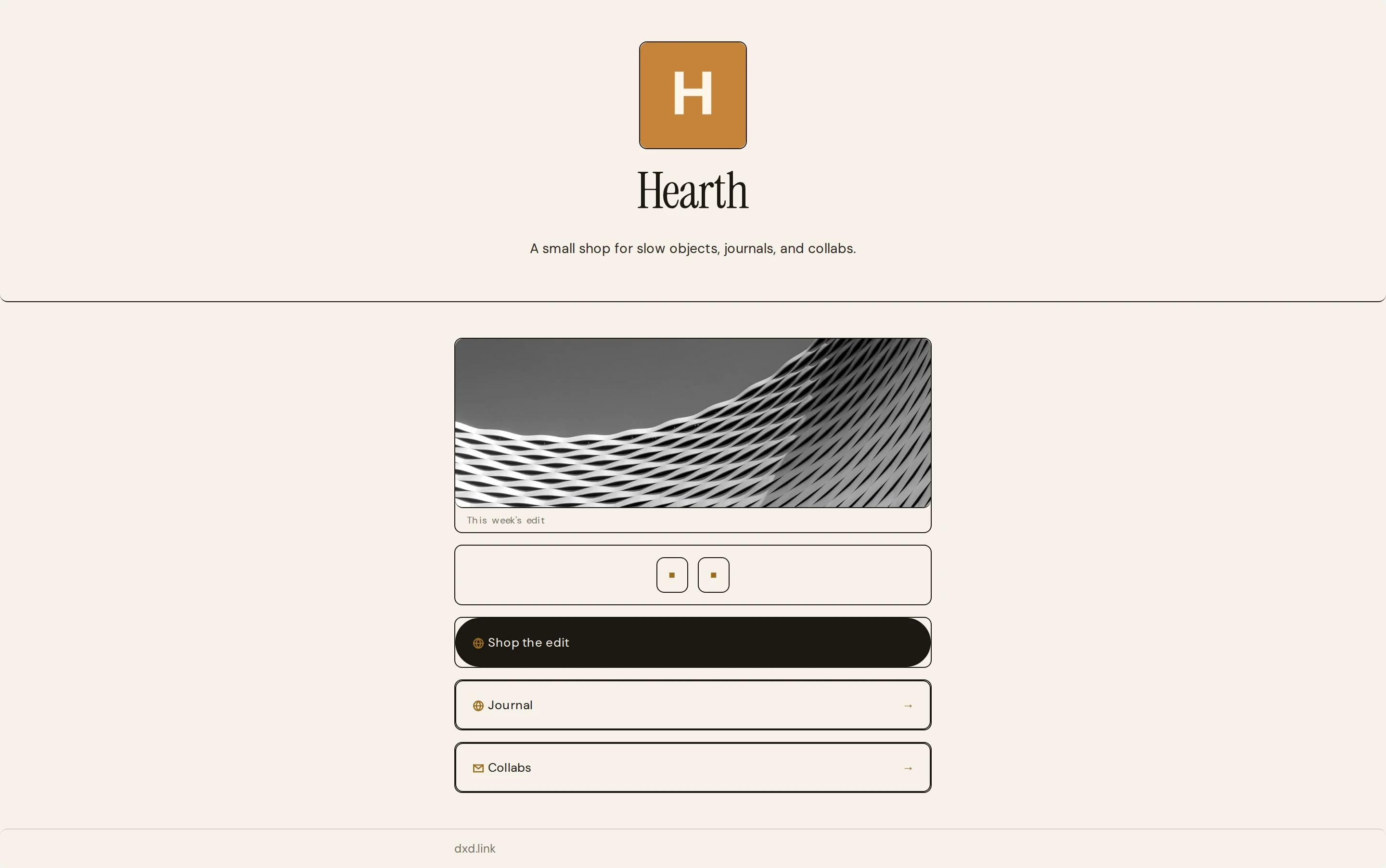 A Warm Atelier lifestyle hub with shop links on warmer paper