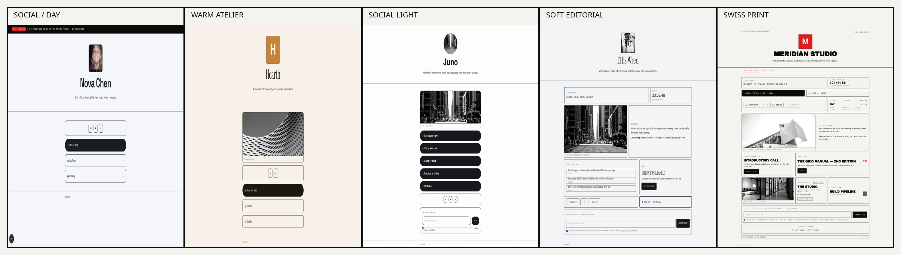 Published profiles side by side across five curated free skins — Social Day, Warm Atelier, Social Light, Soft Editorial, and Swiss Print